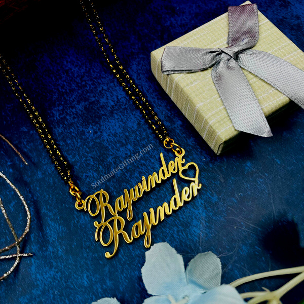 Cursive Couple Name Necklace / Mangalsuatar 24kt Gold plated