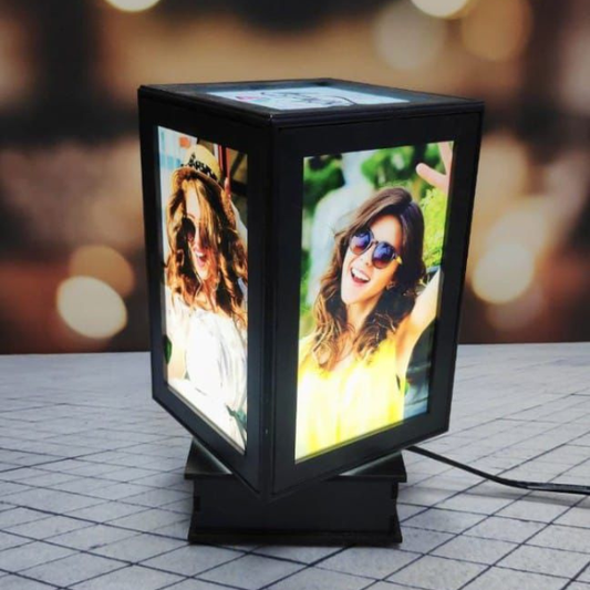 Personalized Rotating Photo Lamp – 4 Picture Custom Lamp with Name/Wish on Top